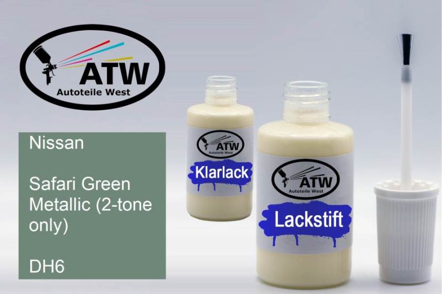 Nissan, Safari Green Metallic (2-tone only), DH6: 20ml Lackstift + 20ml Klarlack - Set, von ATW Autoteile West.